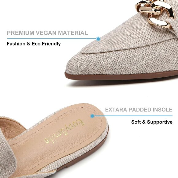 Women Flat Mules Synthetic Metal Chain Decor Pointed Toe Slip On Shoes - Picture 4 of 5